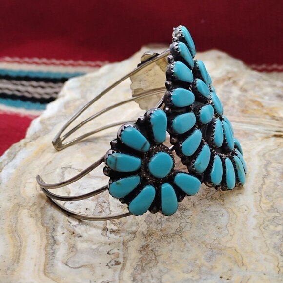 Vtg Native Michael Mendoza Zuni Needlepoint Turquoise Cluster Cuff Bracelet - Picture 5 of 11
